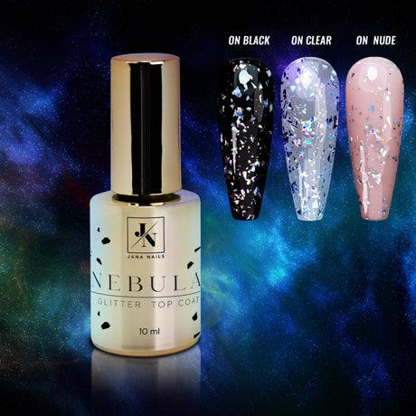 Nebula Top Coat 10 ml for gel, acrylic, and semi-permanent polish, high gloss finish.