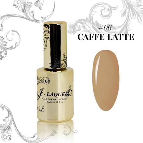 J-Laque 06 Caffe Latte gel polish bottle with color swatch.