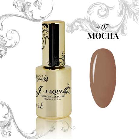 J-Laque 07 Mocha gel polish bottle with mocha nail color swatch.