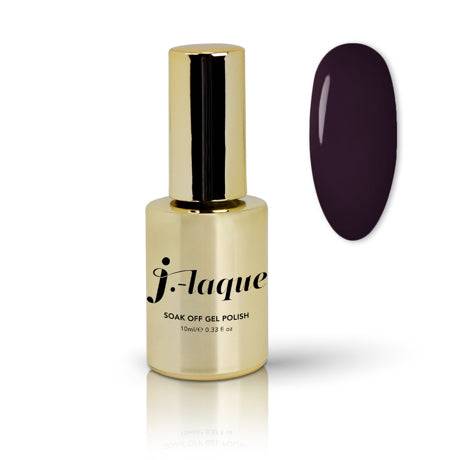 J-Laque 107 Plummy nail polish bottle with deep plum color swatch.