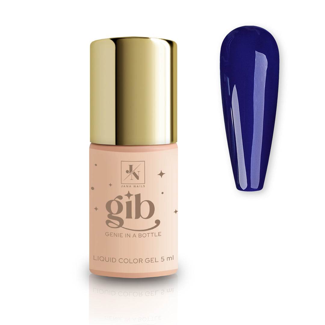 Genie In A Bottle liquid color gel with brush applicator and deep blue shade sample.