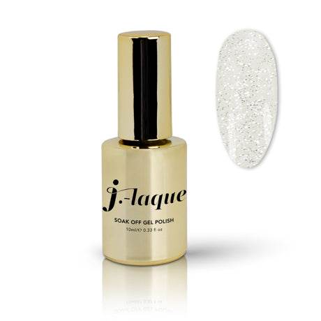 J-Laque 120 L.A. transparent gel polish bottle with glitter swatch.