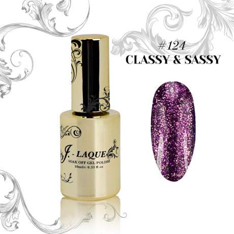 J-Laque 124 Classy & Sassy nail gel, vibrant purple glitter, highly pigmented, long-lasting.