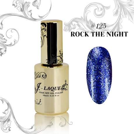J-Laque 125 Rock The Night gel polish, deep blue with glitter, ideal for nail art.