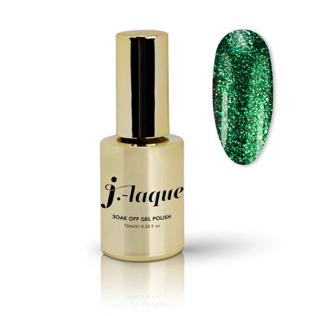 J-Laque 127 Rich Girl gel polish, vibrant green glitter shade, suitable for nail art.