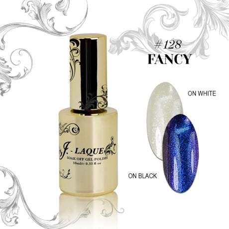 J-Laque 128 Fancy gel polish with glitter effects on black and white backgrounds.