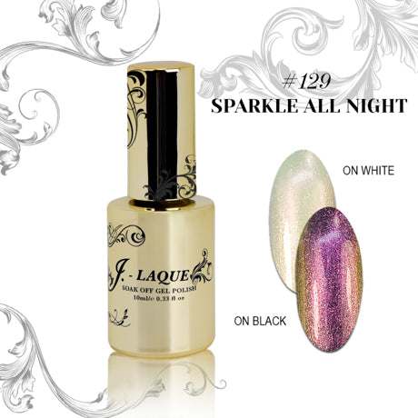 J-Laque 129 gel polish bottle and swatches showing glitter effects on white and black backgrounds.