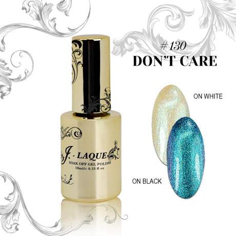 J-Laque 130 Dont Care gel polish bottle with glitter color swatches on black and white backgrounds.