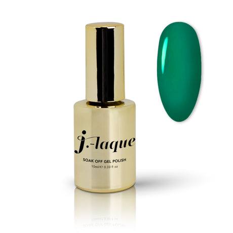 J-Laque 141 Green Envy gel polish bottle with swatch showing deep green color.