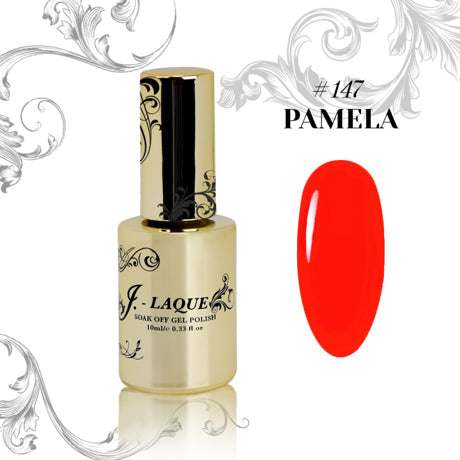 J-Laque 147 Pamela gel polish bottle and vibrant swatch on decorative background.