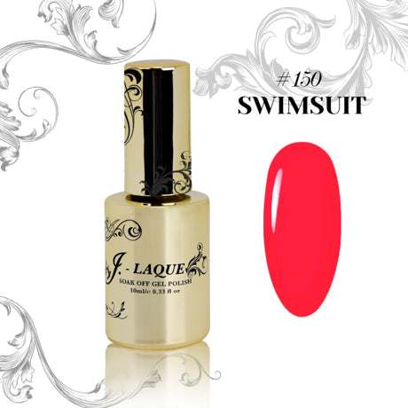 J-Laque 150 Swimsuit Gel Polish in vibrant shade bottle and swatch.