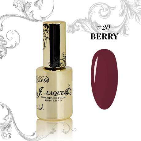 J-Laque 20 Berry soak-off gel polish bottle with rich berry shade sample.