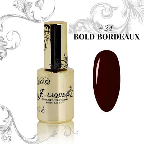 J-Laque 24 Bold Bordeaux soak off gel polish bottle with deep opaque color swatch.
