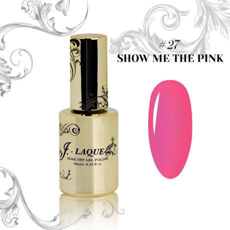 J-Laque 27 Show Me The Pink vibrant gel polish bottle and swatch.