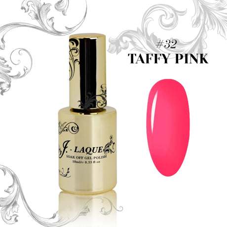J-Laque 32 Taffy Pink vibrant gel nail polish bottle with color swatch.