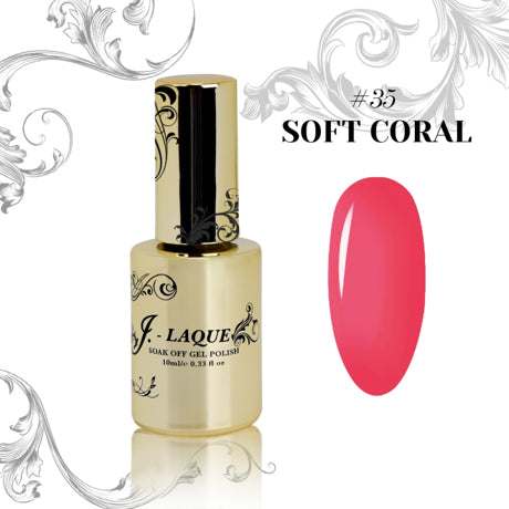 J-Laque 35 Soft Coral gel polish with vibrant, opaque finish.