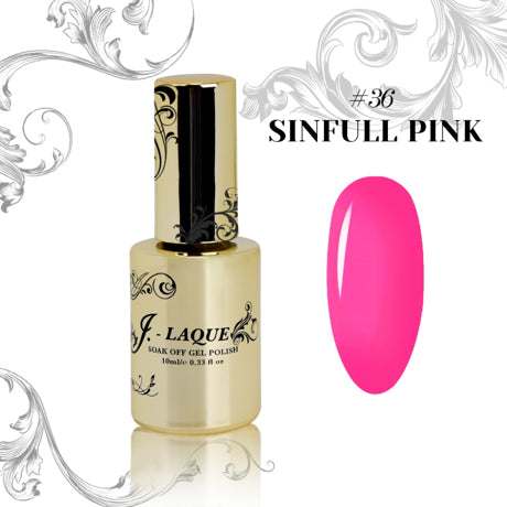 J-Laque 36 Sinfull Pink gel polish bottle and vibrant pink swatch.