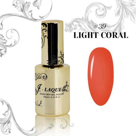 J-Laque 39 Light Coral gel polish bottle with vibrant coral nail color sample.