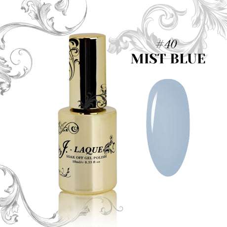 J-Laque 40 Mist Blue Soak Off Gel Polish bottle and color swatch.