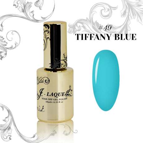 J-Laque 49 Tiffany Blue soak-off gel polish with vibrant, opaque turquoise color.