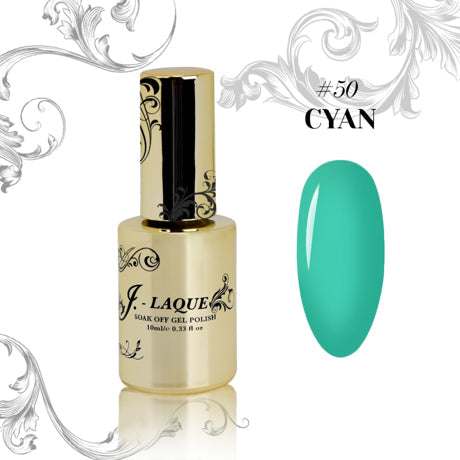 J-Laque 50 Cyan gel polish, vibrant and opaque color example, gold bottle packaging.