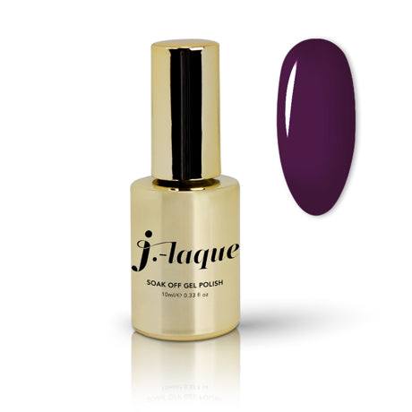 J-Laque 52 Boysenberry gel polish in gold bottle with dark purple swatch.