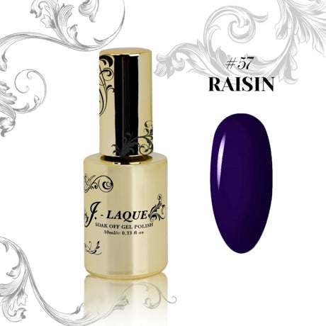 J-Laque 57 Raisin Soak Off Gel Polish bottle and color swatch.