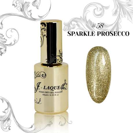 J-Laque 58 Sparkle Prosecco gel polish bottle and swatch.
