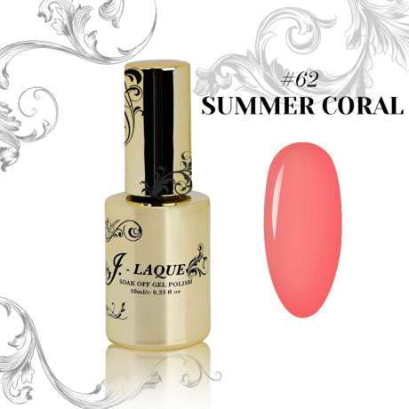 J-Laque 62 Summer Coral gel polish bottle with vibrant coral swatch.