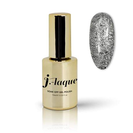 J-Laque 68 Silver Vegas gel polish bottle with silver glitter swatch.