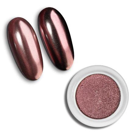 Pressed Chrome 06 nail powder, 1.5g container, with metallic finish samples.