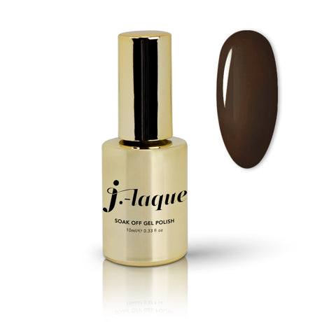 J-Laque 76 Brownie gel polish bottle with glossy brown nail color sample.