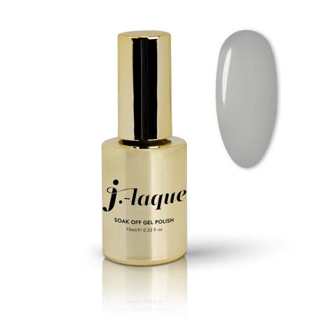J-Laque 78 Light Dove opaque soak off gel polish in a gold bottle next to swatch.
