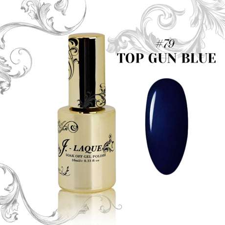 J-Laque 79 Top Gun Blue gel polish bottle with vibrant dark blue swatch.