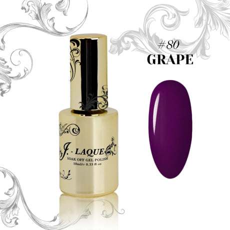 J-Laque 80 Grape gel polish bottle with vibrant grape shade swatch.
