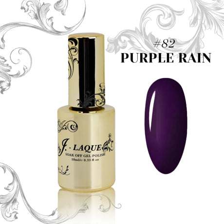 J-Laque 82 Purple Rain gel polish bottle with vibrant, opaque purple shade.