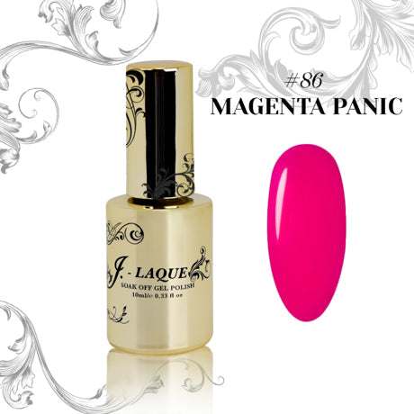 J-Laque 86 Magenta Panic vibrant soak-off gel polish with smooth application and intense magenta color.