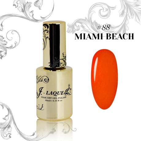 J-Laque 88 Miami Beach vibrant orange gel polish bottle and swatch.