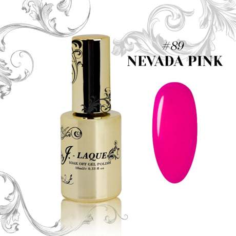 J-Laque 89 Nevada Pink gel polish bottle with vibrant pink color swatch.