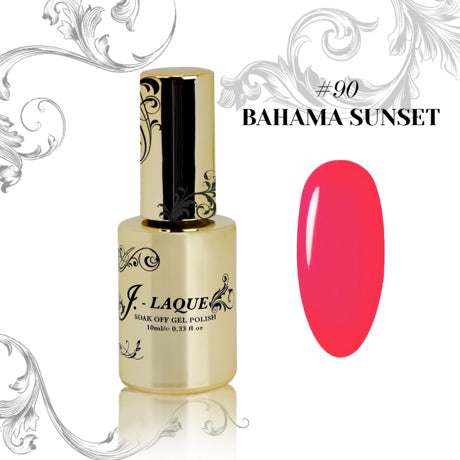 J-Laque 90 Bahama Sunset vibrant opaque soak off gel polish bottle and swatch.