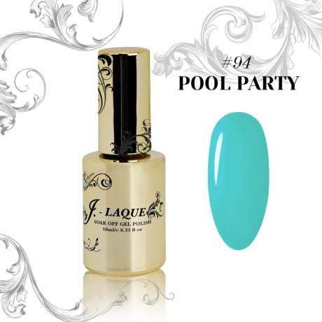 J-Laque 94 Pool Party nail polish bottle and swatch, vibrant aqua blue.