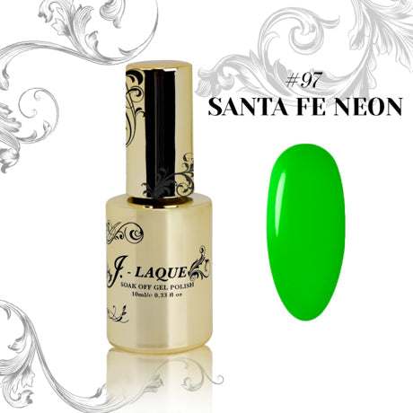 J-Laque 97 Santa Fe Neon vibrant green gel polish bottle with sample color swatch.