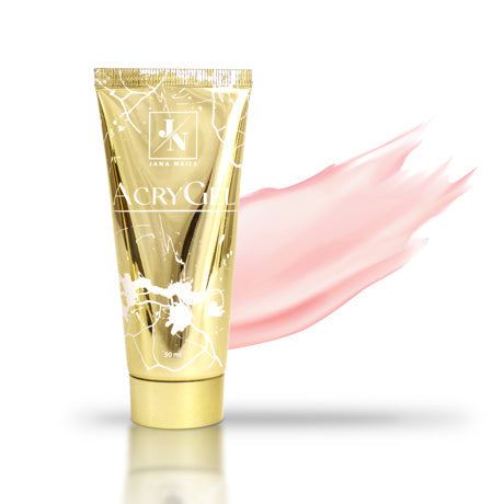 AcryGel Blush 50 ml luxury gold tube with pink smear background.