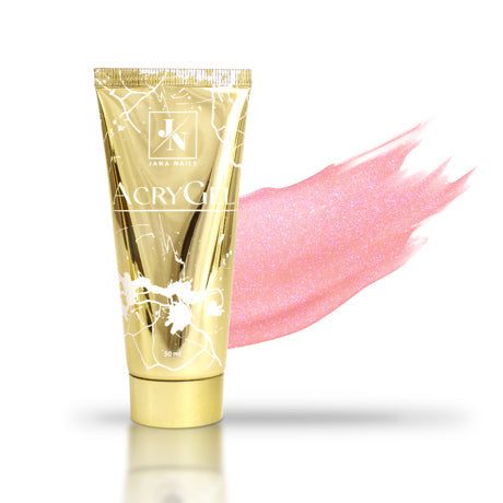 AcryGel Luxe 50 ml tube with pink shimmer gel in elegant packaging.