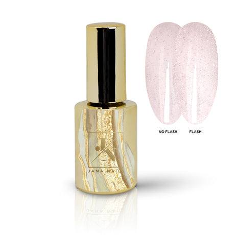 Flash Duragel color base Crystal Flash with shimmering pink nude tones in gold-accented bottle.