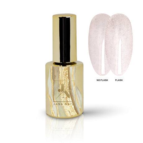 Flash Duragel color base Shine Bright with shimmering nude/rosy tones in a stylish gold bottle next to swatches under different lighting.