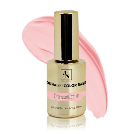 Duragel color base Frostfire gel polish bottle with pink swatch.