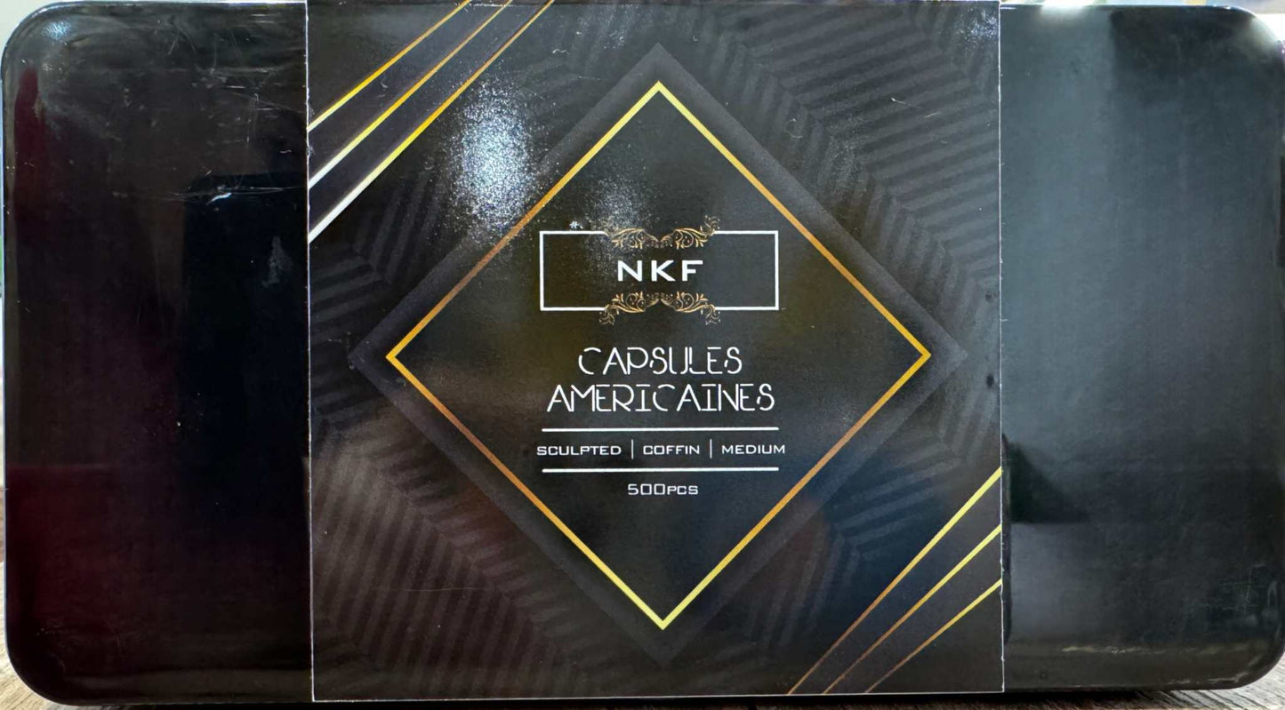 NKF Sculpted Coffin Medium nail tips packaging, black box with gold accents, 500 pieces.