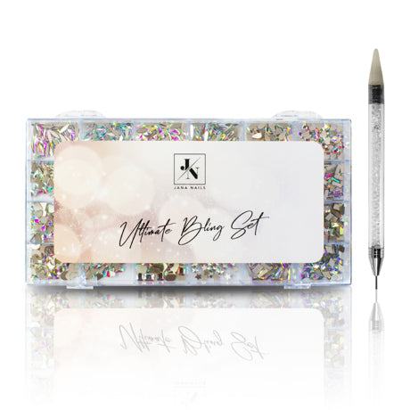 Ultimate Bling Set with 18 AB crystals and double-ended pen for easy application.
