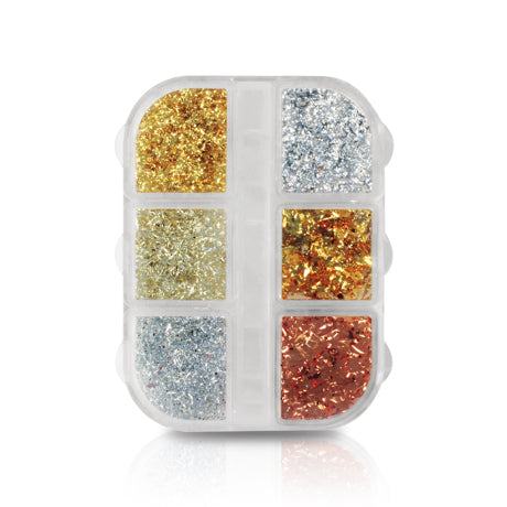 Mix Nuggets & Grass set with fine glitter and leaf flakes in silver, gold, and rose gold shades.